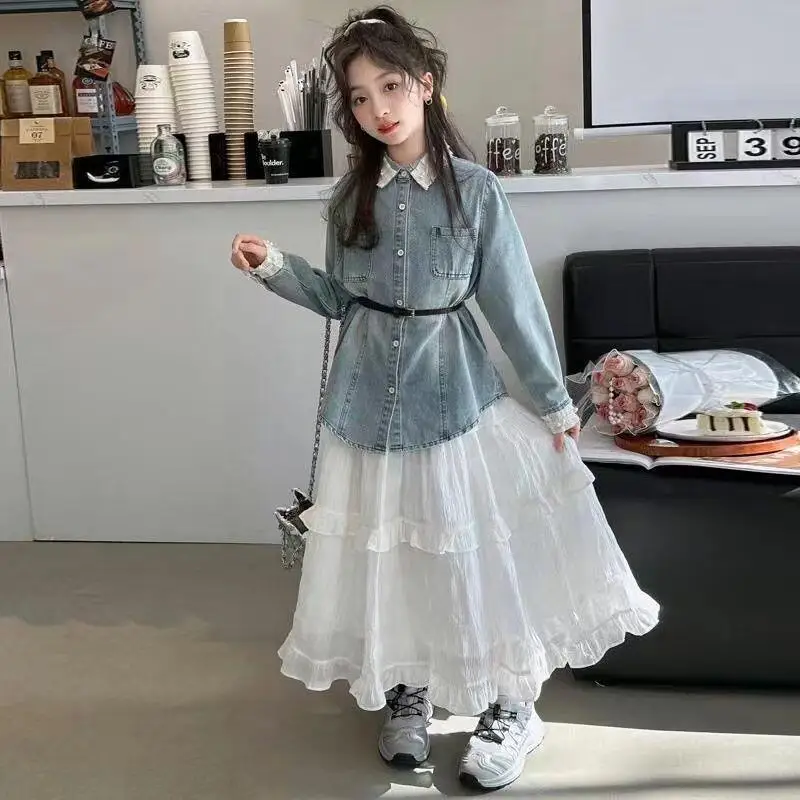 Children's Clothing New Style Denim Shirt Dress And Cake Skirt Two Piece Set Big Girls Spring Autumn Fashionable Korean 2025