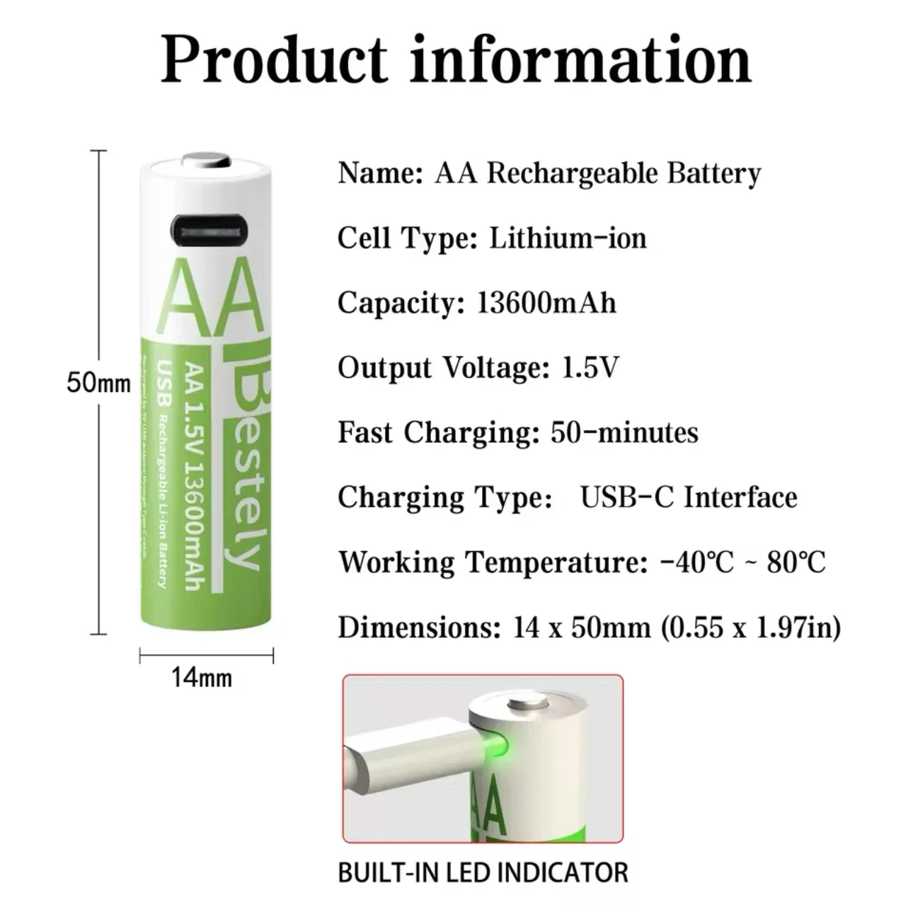 Rechargeable AA Battery 13600mAh Large Capacity AA Li-ion Battery with Type-C Charging Cable,for Home&Office Electric Devices