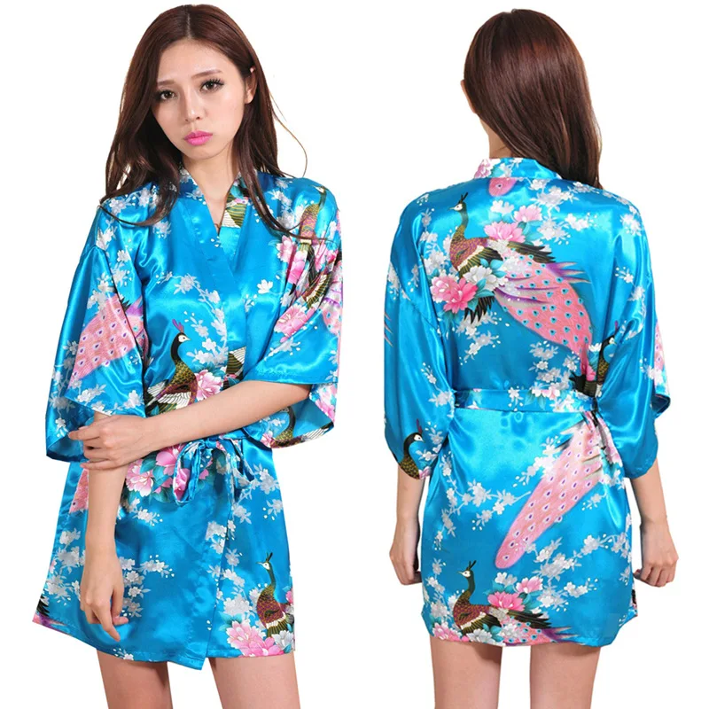 Women's summer nightgown color Tin silk and dress style loose cardigan printed peacock peony short daily morning gown