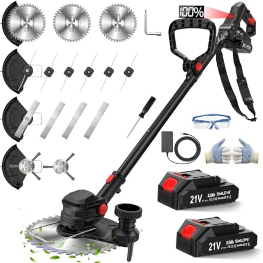 

21V Cordless Weed Wacker Lawn Edger, 4.6lbs Lightweight Battery Powered String Trimmer, 4-in-1 Brush Cutter with Metal Blades,