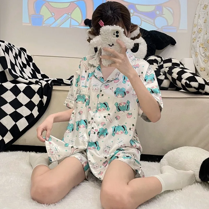 Hatsune Miku Character Pajamas for Women Summer New Short-sleeved Anime Cartoon Cute Student Outer Wear Fashion Home Clothes