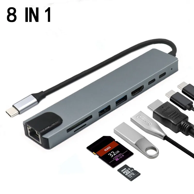 

8 in 1 USB C HUB Type C Splitter 4K Thunderbolt 3 Docking Station Laptop Adapter For Macbook Air M1 iPad Pro RJ45 HD Computer