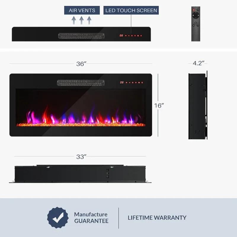 DELLA 36" 1400 W Electric Fireplace Heater, Recessed & Wall Mounted Electric Fireplace, Heater with Adjustable LED Flame Color