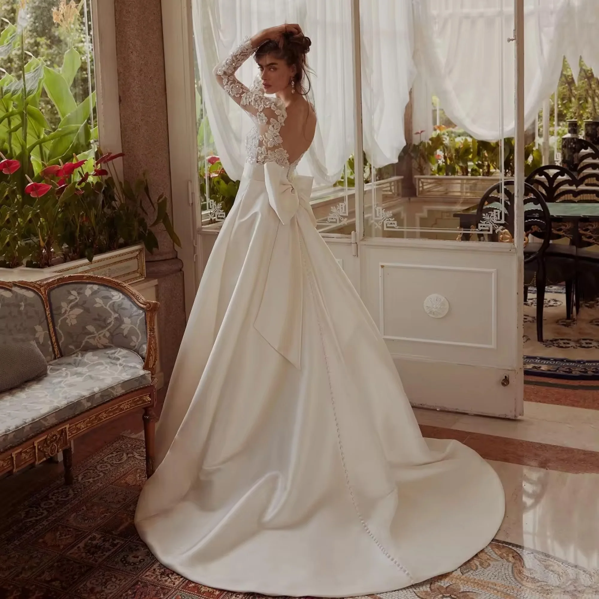 Elegant A-Line Sexy Wedding Dresses Long Sleeve Backless Bridal Dress Lace Bow Luxury Bride Gowns Vestido De Novia Customized