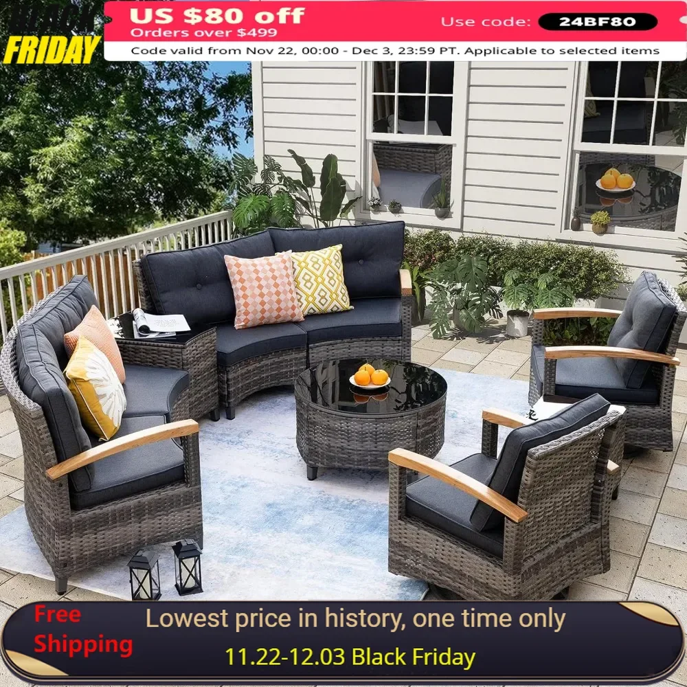 Garden Sofa, Set of 9, Curved Combination with Wooden Armrests, Round Table and Side Table in Tempered Glass, Terrace Sofa Set