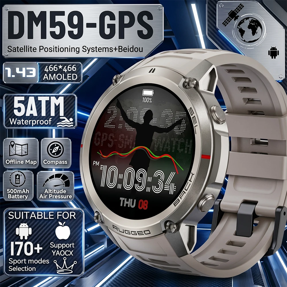 

2026 Military GPS Smart Watch Rugged 500mAh BT Call IP69 Waterproof 1.43" AMOLED Multi Sport Fitness Tracker Android iOS