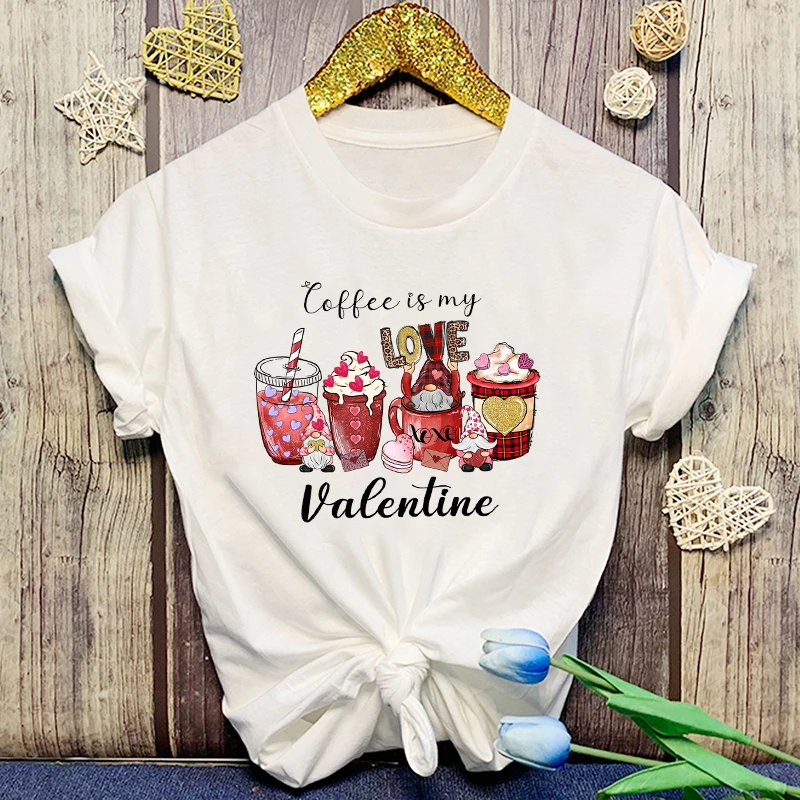 New Valentine'S Day Coffee Is My Love Valentine Printing T Shirts Unisex Fashion Short Sleeve T Shirt Summer Casual Loose T-Shir