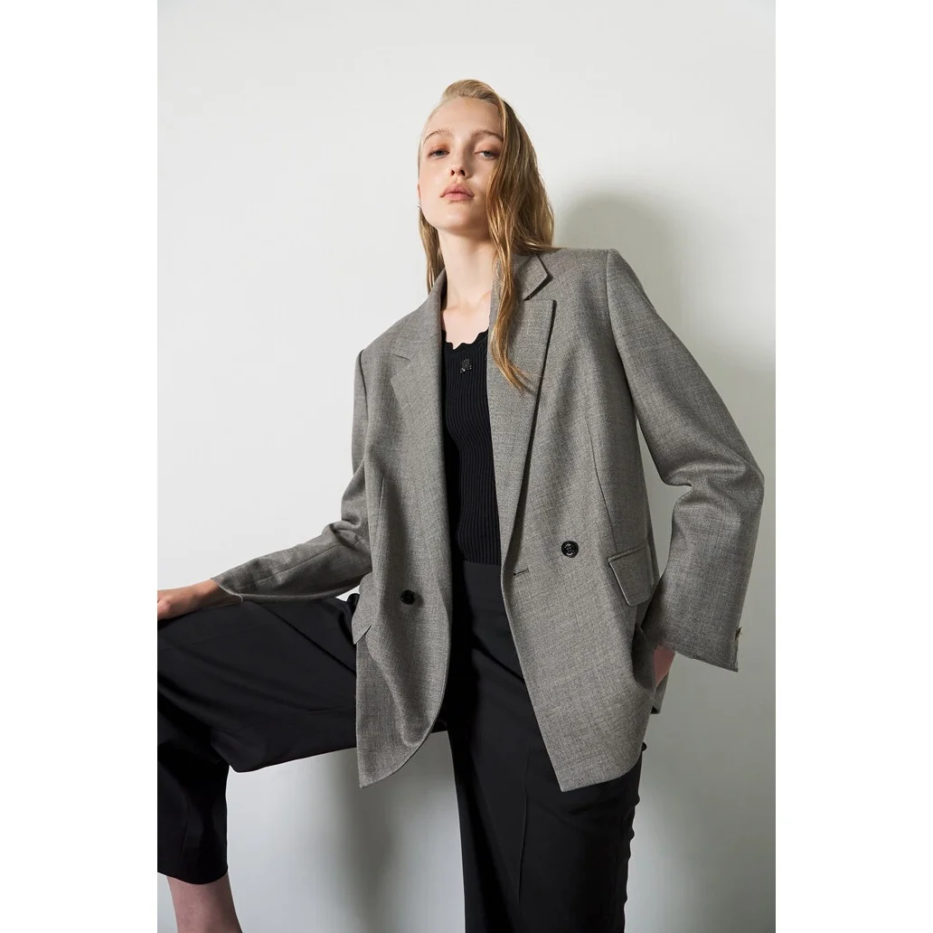 Double-Breasted Suit Jacket Flat Collar Slit Commute Slimming Versatile Korean Style Women's Business Casual Long Sleeve Coat