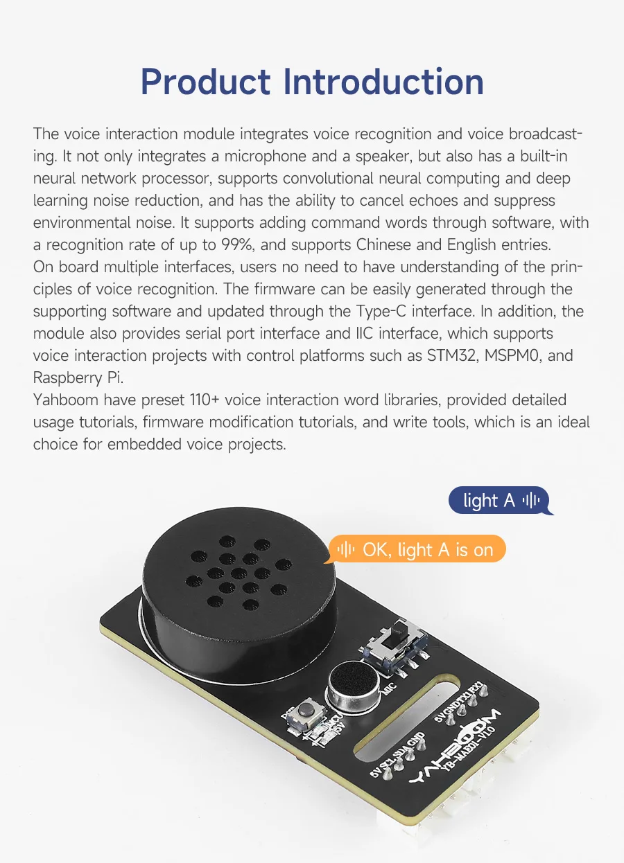 Yahboom AI Spracherkennungsmodul, Sprachübertragung, benutzerdefinierte Wake-Wörter, Züge, Interaktionsmodell, programmierbares Sound-Sensor-Kit – Detail 2
