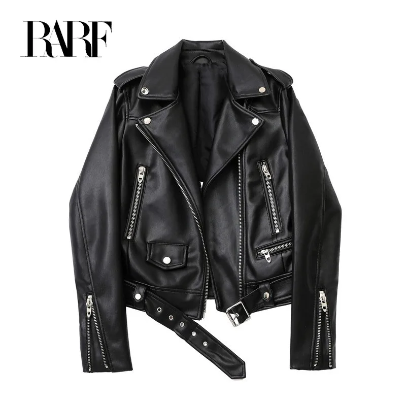 RARF Spring and Autumn 2024 New faux leather PU jacket with belt women\'s lapel motorcycle jacket black zip biker jacket