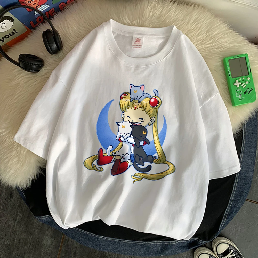 Cute Sailor Moon And Cat Pattern Print Women Tee Clothes Soft Regular Tees Disney Cartoon Clothing Comfortable Sporty T-Shirt