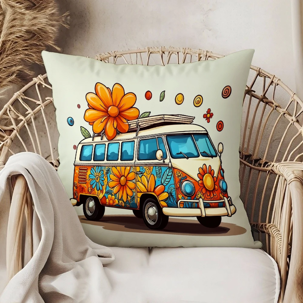 Retro Floral Van Print Square Throw Pillow Cream White Vintage Hippie Bus Flower Pattern Decorative Cushion For Living Room Sofa