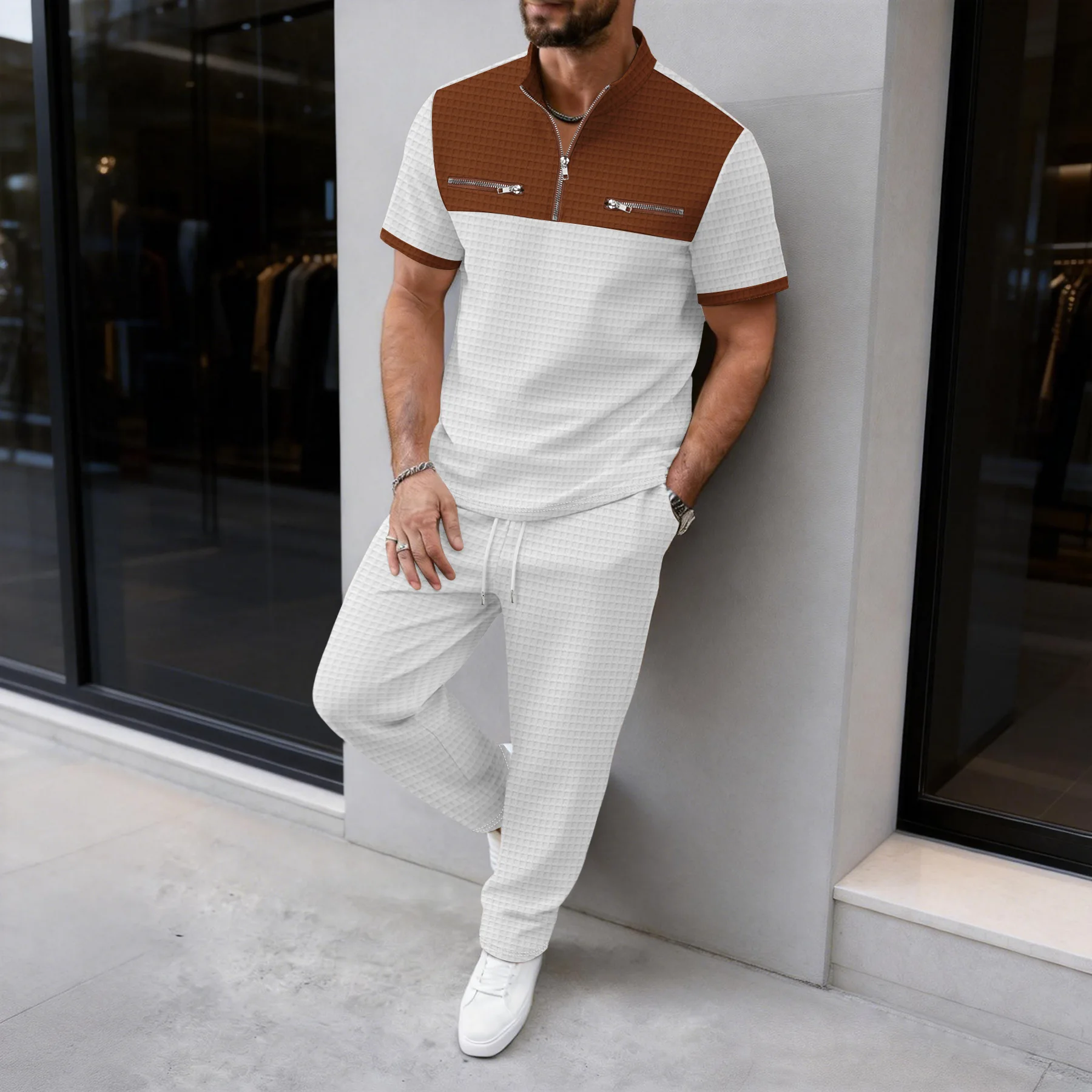 

Men's premium waffle knit two-piece set: color-blocked patchwork half-zip short-sleeved top and long pants, casual street sports