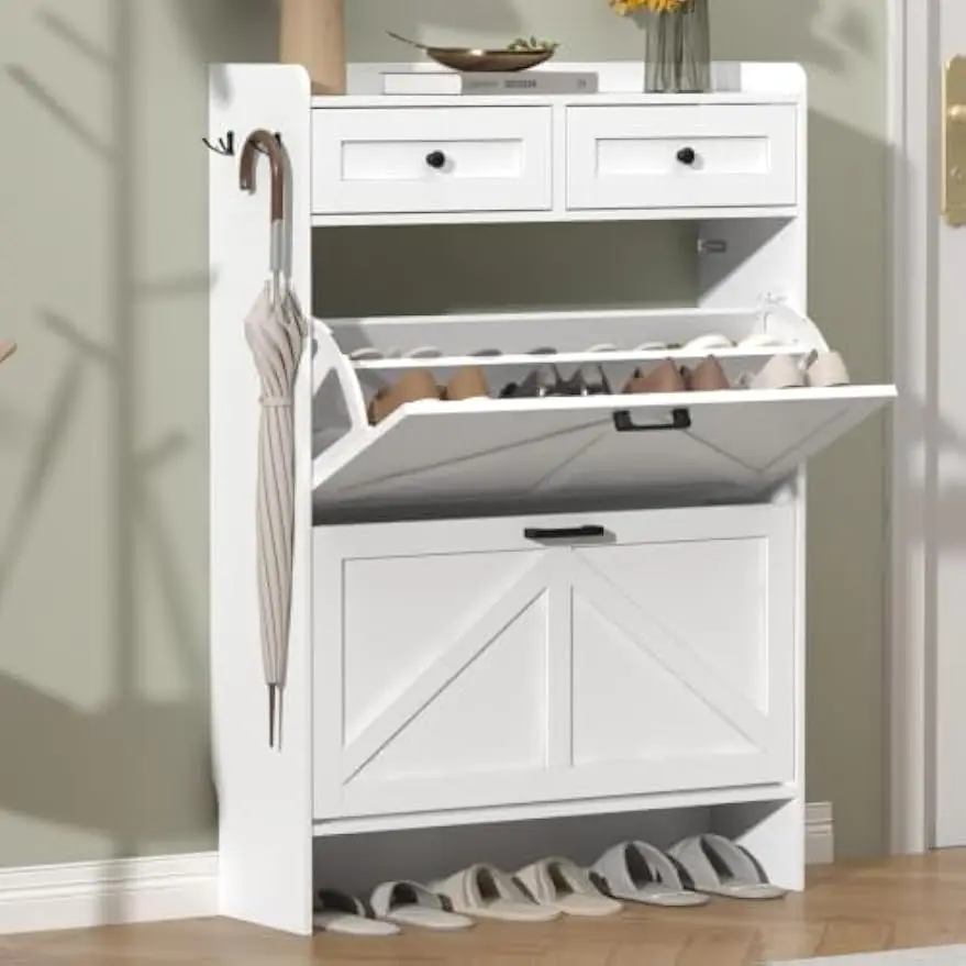 Shoe Cabinet 2 Flip Drawers 2 Storage Drawers Rustic Farmhouse Narrow Shoe Organizer Slim Shoe Rack Entryway Hallway