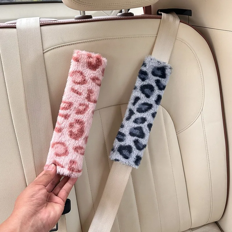 Car Seat Belt Shoulder Protector Anti-Strangle Car Seat Belt Protective Cover Plush Leopard Print Car Interior Supplies