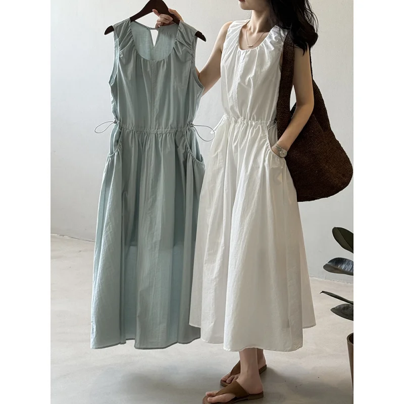 

Korean Style Drawstring Waist Vest Dress Women Summer Round Neck Slimming Sleeveless Long Dress82360
