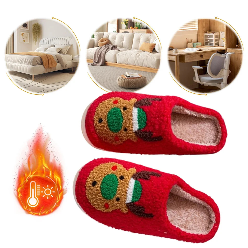 

Christmas Elk Plush Slippers Comfortable Flat Thermal Slippers Anti Slip Cute Animal Slippers Soft Couple Slippers for Men Women