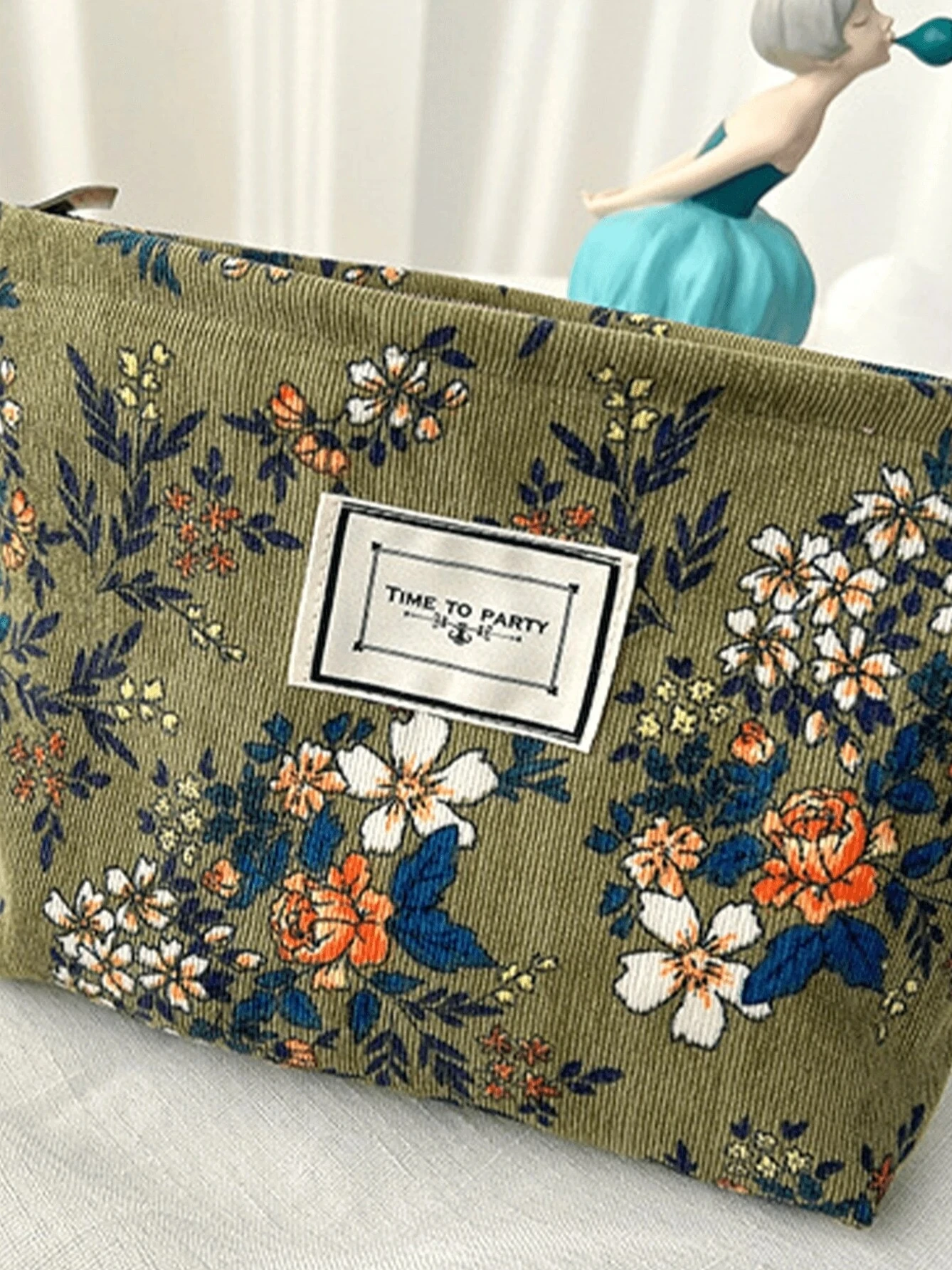 Olive Green Zipper Closure Cosmetic Bag With Flower Print Vintage Pattern Corduroy Makeup Bag Multifunctional Portable Pouch