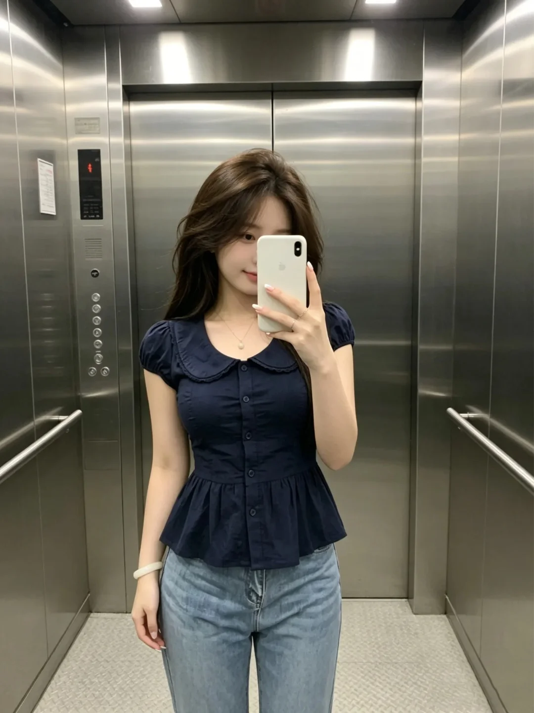 

Slim Fit Short Sleeve T-Shirt Women's Fashionable Commute Style Doll Collar Bubble Sleeve Shirt Waist Cinching Slimming Shirt
