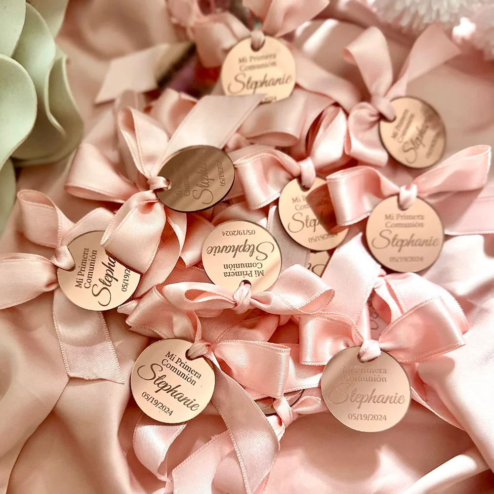 

Personalized Rose Gold Tag Baby Baptism Day Gift Tags,Custom Round Baby Shower Name Tag Mirror Thank You or Party Setting Card