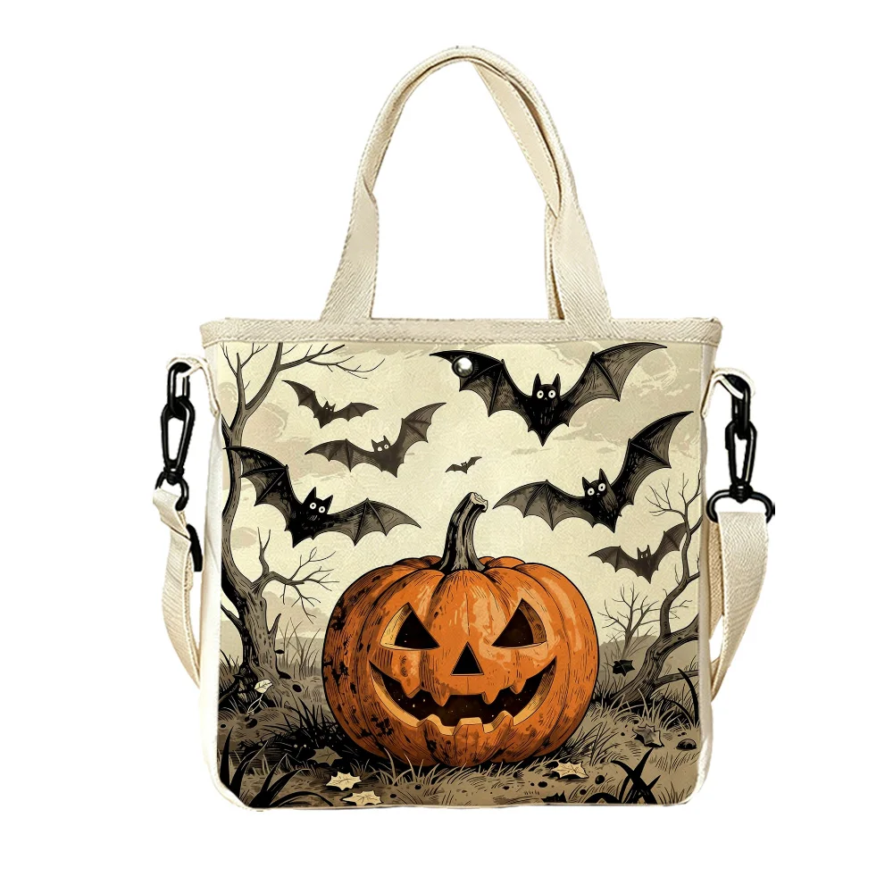 Bolsa de Mano de Lona con Estampado Floral de Murciélagos sobre Calabaza, Correa Desmontable, Bolso Bandolera para Mujer, para Compras Diarias
