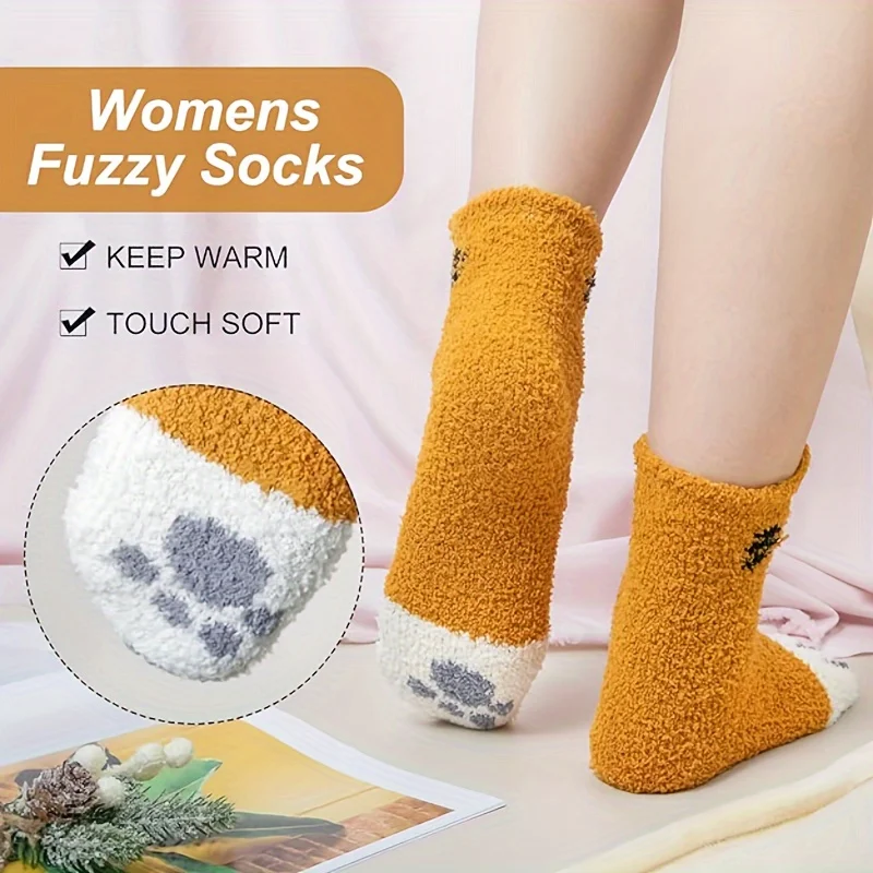 

Cozy Cat Claw Knee Socks, 5 Pairs Plush Coral Fleece, Warm Home Lounge Slipper Socks. Hand Wash.