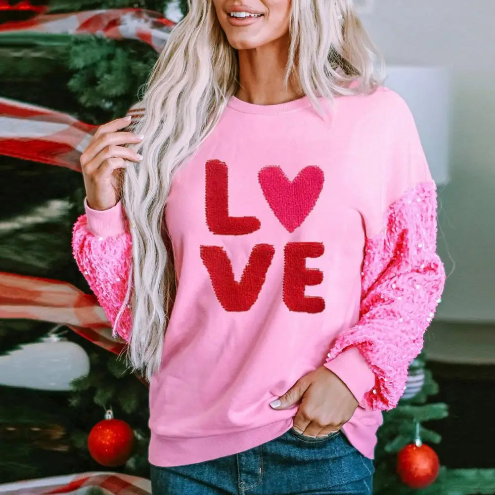 Autumn Winter Sweatshirt Party Holiday Top Valentines Day Sequin Sleeve Sweatshirt for Women Heart Patterned Party for Holidays