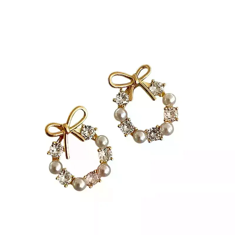 Gold Bow Stud Earrings Faux Pearl Cubic Zirconia Wedding Date Daily Wear Elegant Jewelry 2026