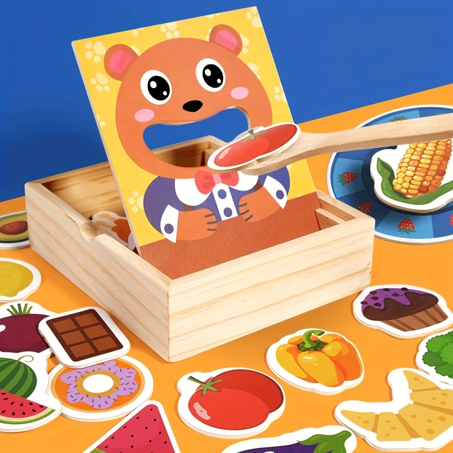 Bear Feeding Role-Play Toy in Wooden Box – Pretend Play Learning Game for Kids, Fine Motor & Cognitive Development Toy