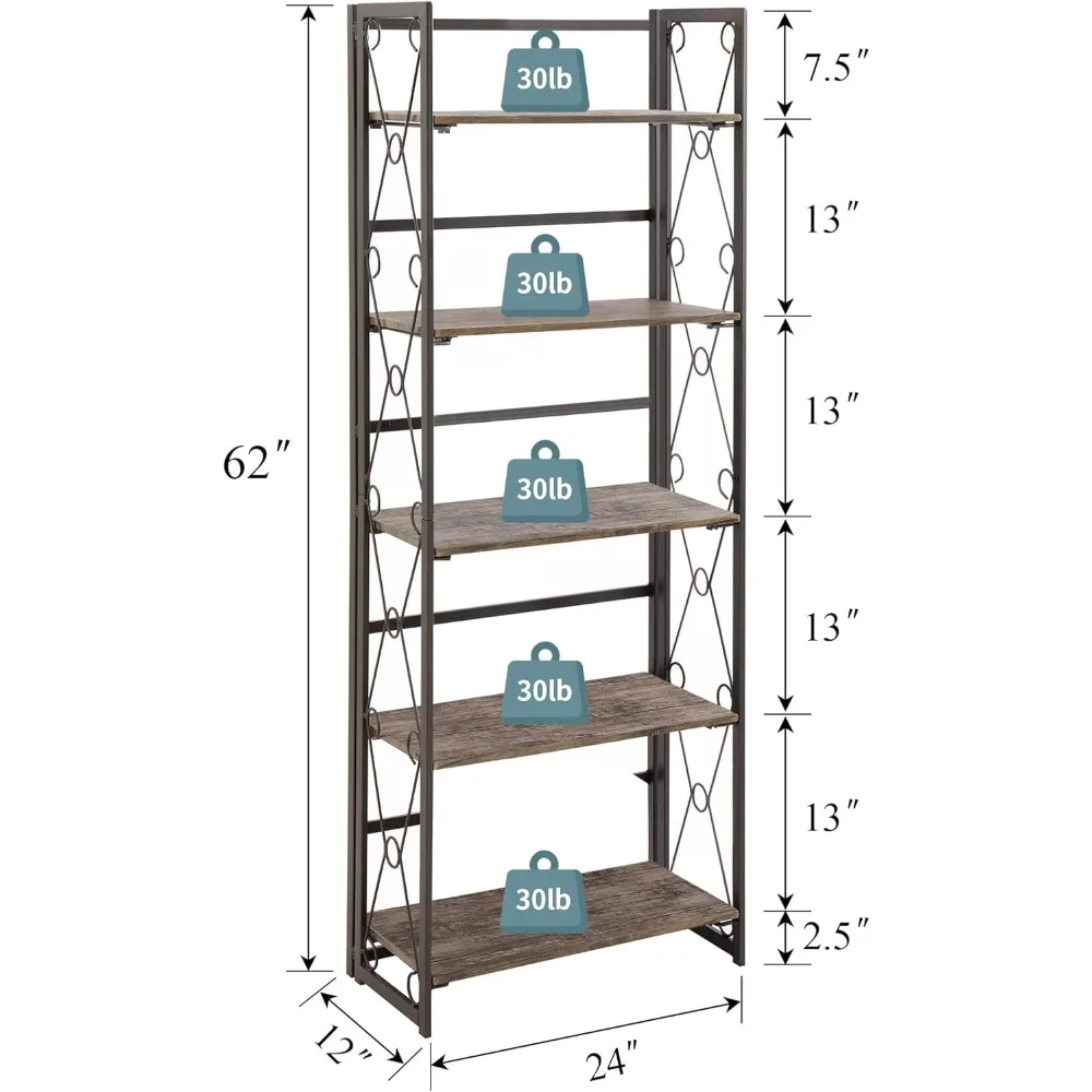 خزانة كتب مكونة من 5 طبقات قابلة للطي، منظم تخزين رف كتب صناعي طويل القامة مع إطار معدني قابل للطي، بني فاتح، مجموعة واحدة
