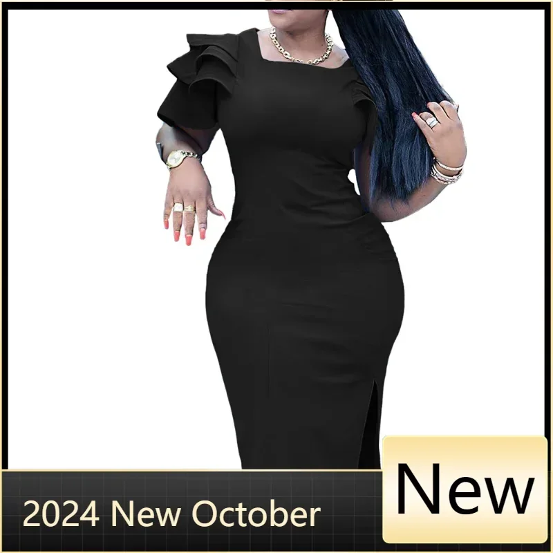 

Летнее модное элегантное платье-карандаш в африканском стиле для женщин OL, однотонное облегающее женское платье с рюшами и пышными рукавами