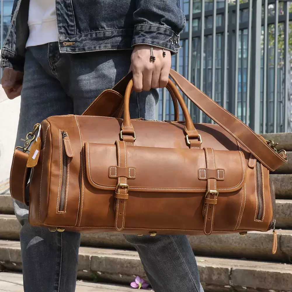 Crazy Horse Leather Duffel Bag for Men, Large Capacity Travel Weekender Tote, Extra Large Gym Overnight Carry on Luggage