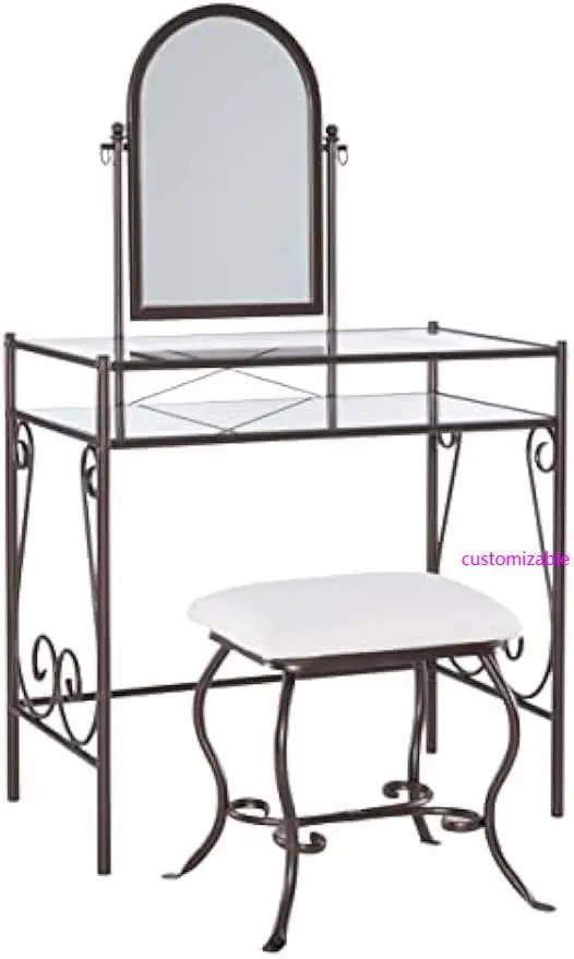 שולחן מתכתי כהה עם כסא מרופד Clarisse Vanity, 52.4" x 31.8" x 18.3"