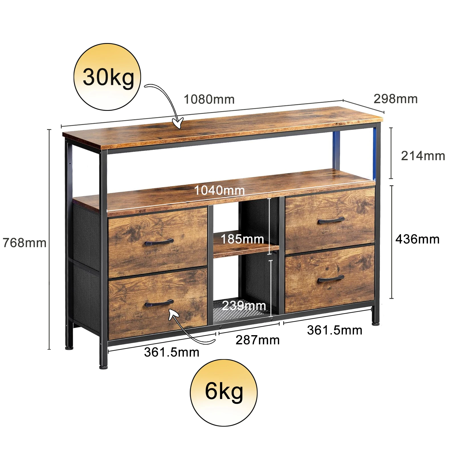 TV Cabinet 110x30x76.8 cm, with 4 Fabric Drawers,Vintage Chest of Drawers,Storage Drawer Sideboard for Living Room Entrance Area