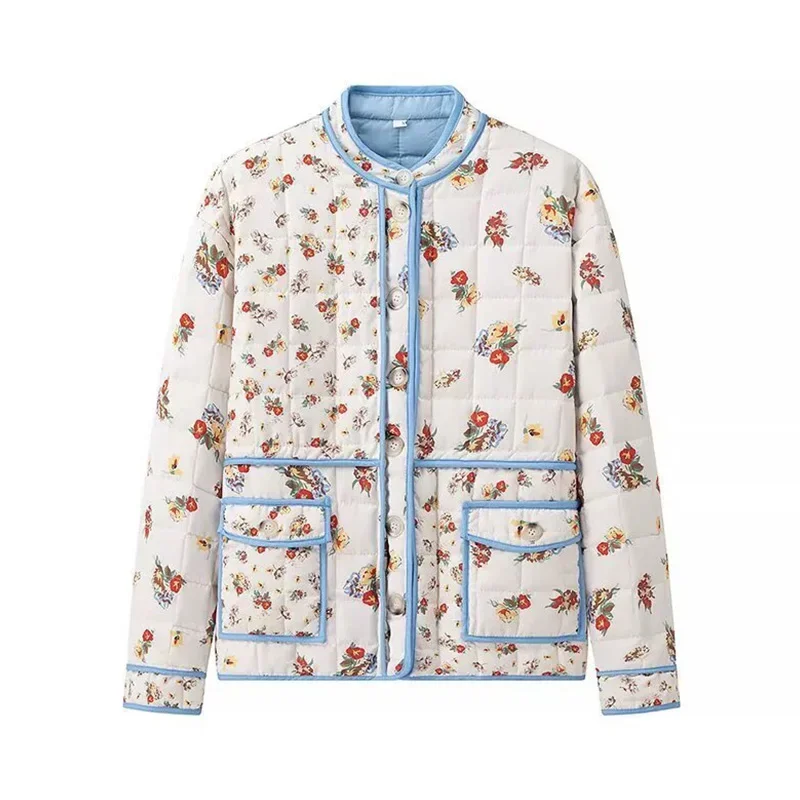 

Vintage Retro Floral Printing Cotton-padded Clothes Jacket Patchwork Winter Warm Coat Casual Women Full Sleeves Lady Streetwear