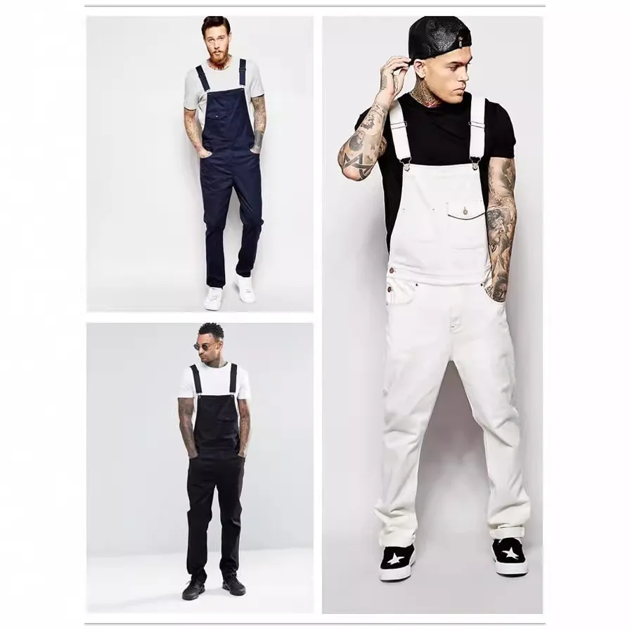 2024 New Men's Solid Fashion Pockets Denim Bib Overalls Loose Suspender Jeans Trousers Male Daily Classic Casual Jumpsuit