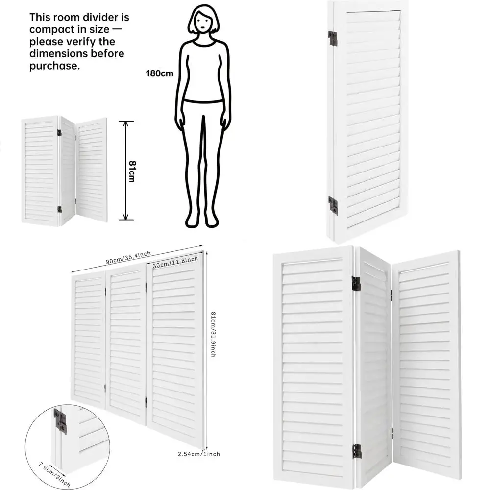 

White 3-Panel Wooden Folding Screen, 35.4 Wide x 31.9 Tall, for Room Partitioning