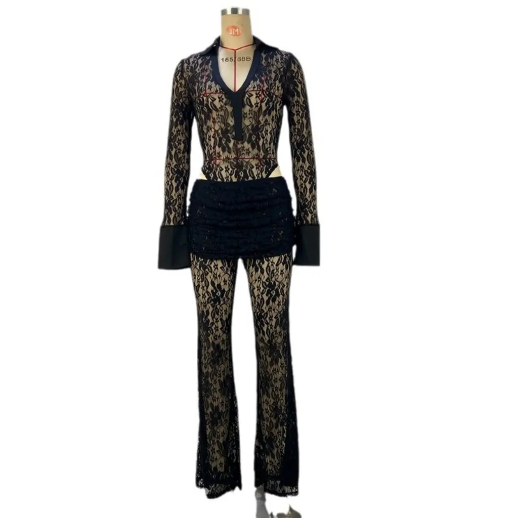 

Women's Sexy Lace Stitching Deep V Long-Sleeved Top And High Waist Flared Pants Suit European And American Style