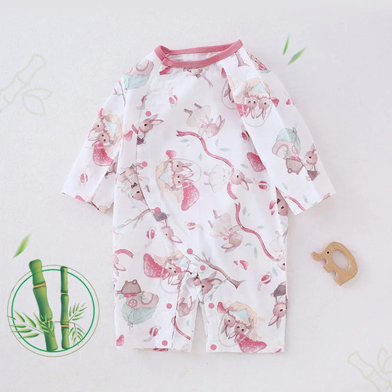 

2024 New Summer Baby Bamboo Fiber Rompers Girls Sweet Cartoon Bunny Pajamas Toddler Jumpsuit