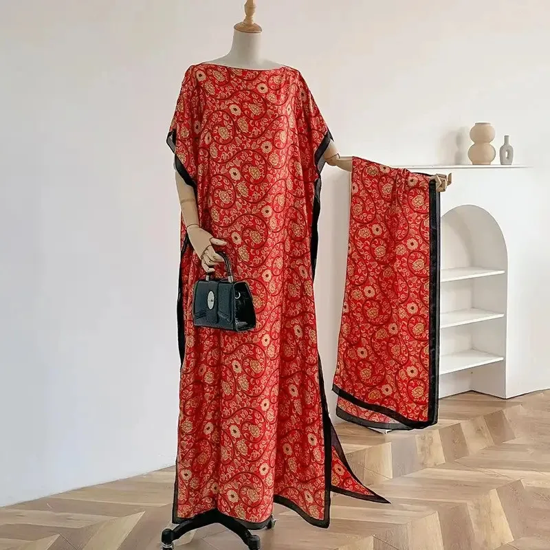 

New 2025 Dubai Abaya For Women Summer Short Sleeve Cotton Dress Gold Stamping Loose Lady Maxi Islam African Dress With Big Scarf