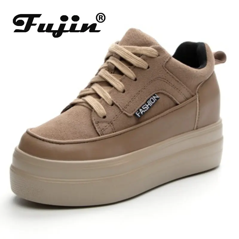 Fujin 8cm vera pelle di mucca pelle scamosciata piattaforma zeppa moda donna Chunky Sneakers primavera autunno Casual femmine scarpe con tacco