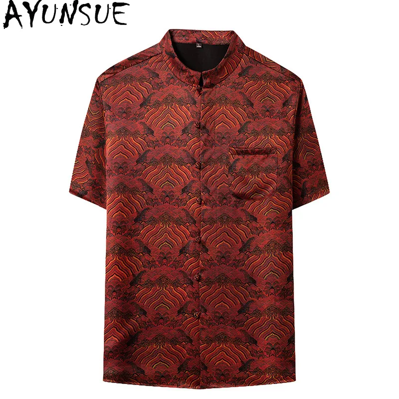 AYUNSUE High-end Gauze Silk Shirts for Man Clothing Summer Outfit 100% Mulberry Silk Mens Casual Shirts Stand-up Collar Tops