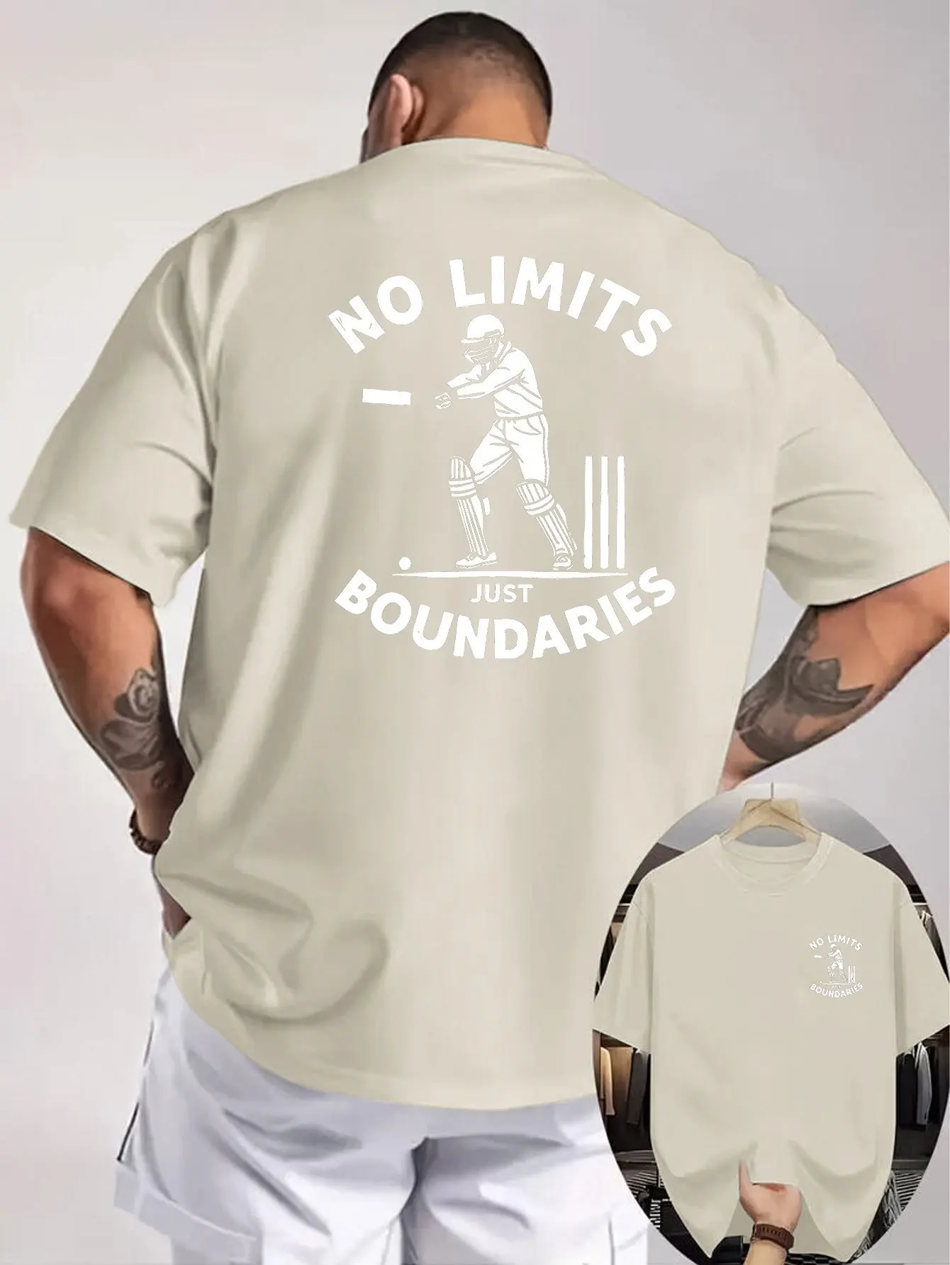 Cricket Graphic Tee for Men NO LIMITS JUST BOUNDARIES Short Sleeve Round Neck Casual Cotton T-Shirt