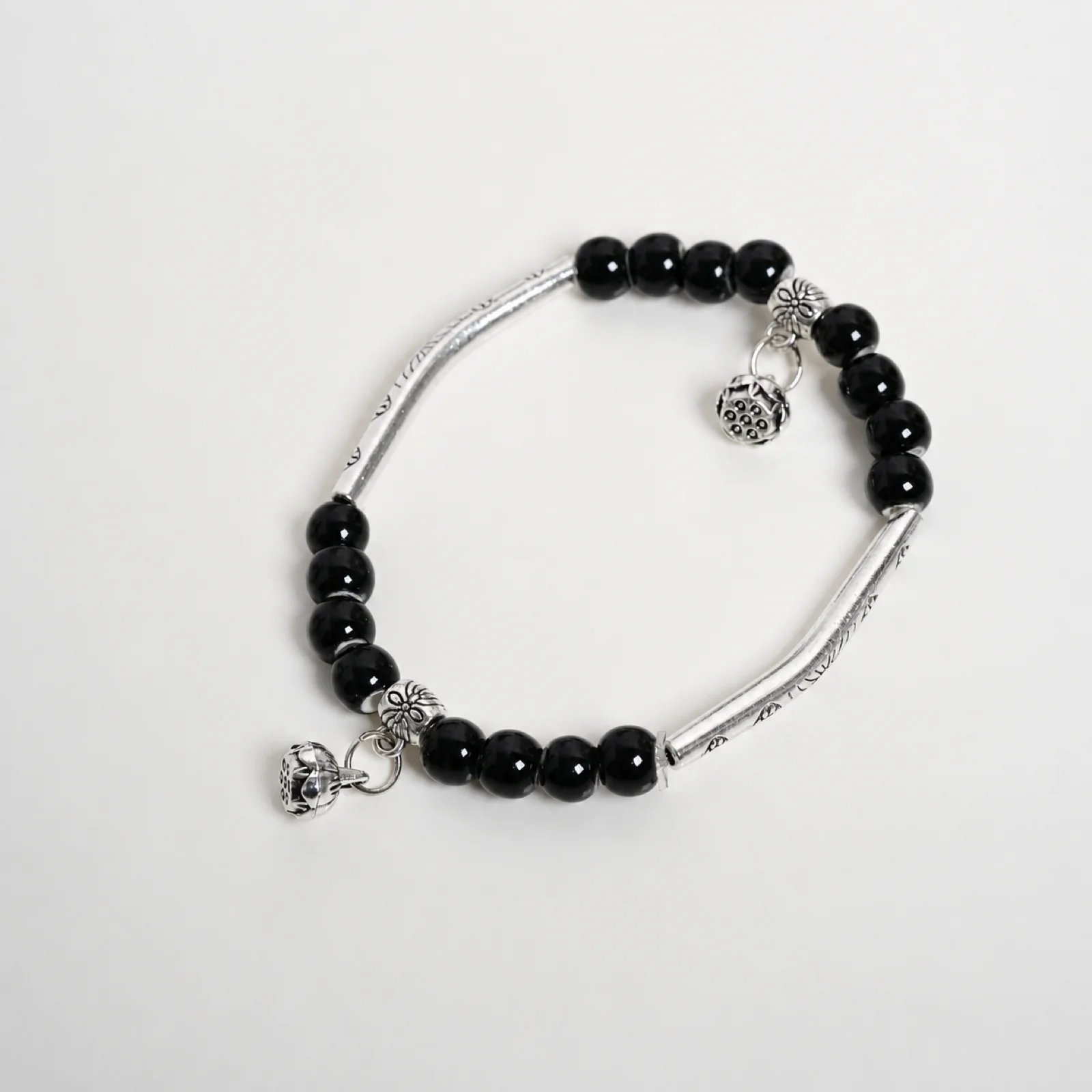 Handmade Black Ceramic Bead Bracelet with Elastic Cord Handwoven Details and Metal Accents Artisan Jewelry 608P2-15