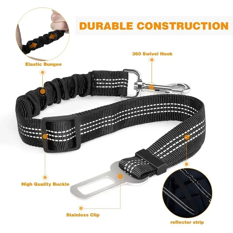 Retractable Dog Seat Belt Harness with Elastic Buffer and Reflective Safety Rope for Car Travel Pet Dog Leash Traction
