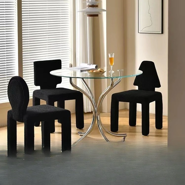 Nordic creative Internet celebrity black teddy velvet dining chair home modern minimalist style stool backrest makeup chair