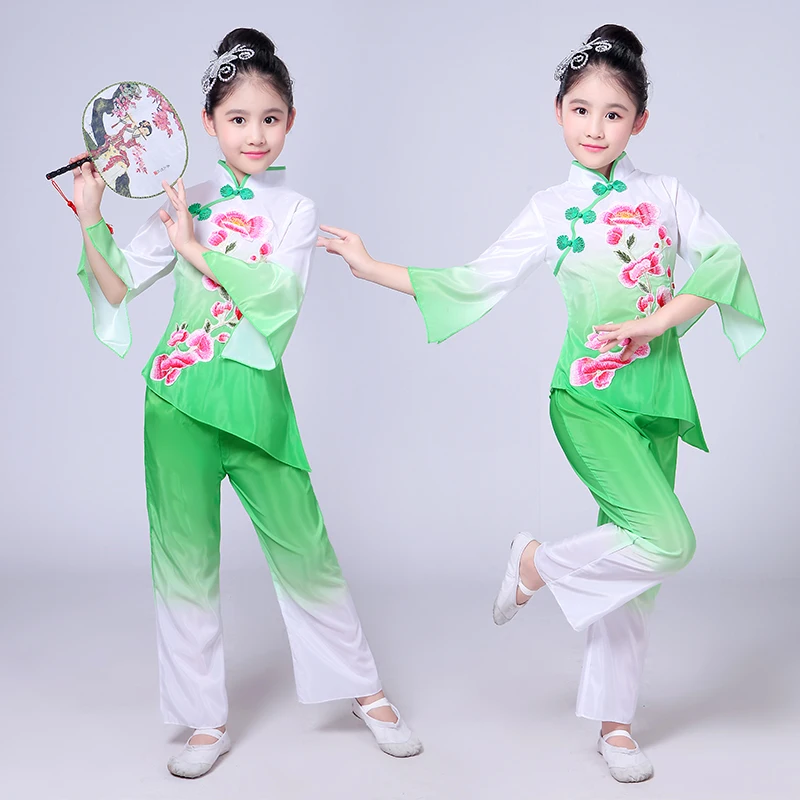 Girls children\'s classical dance high quality embroidery elegant costumes fan dance costume Jiangnan umbrella hanfu Dance wear