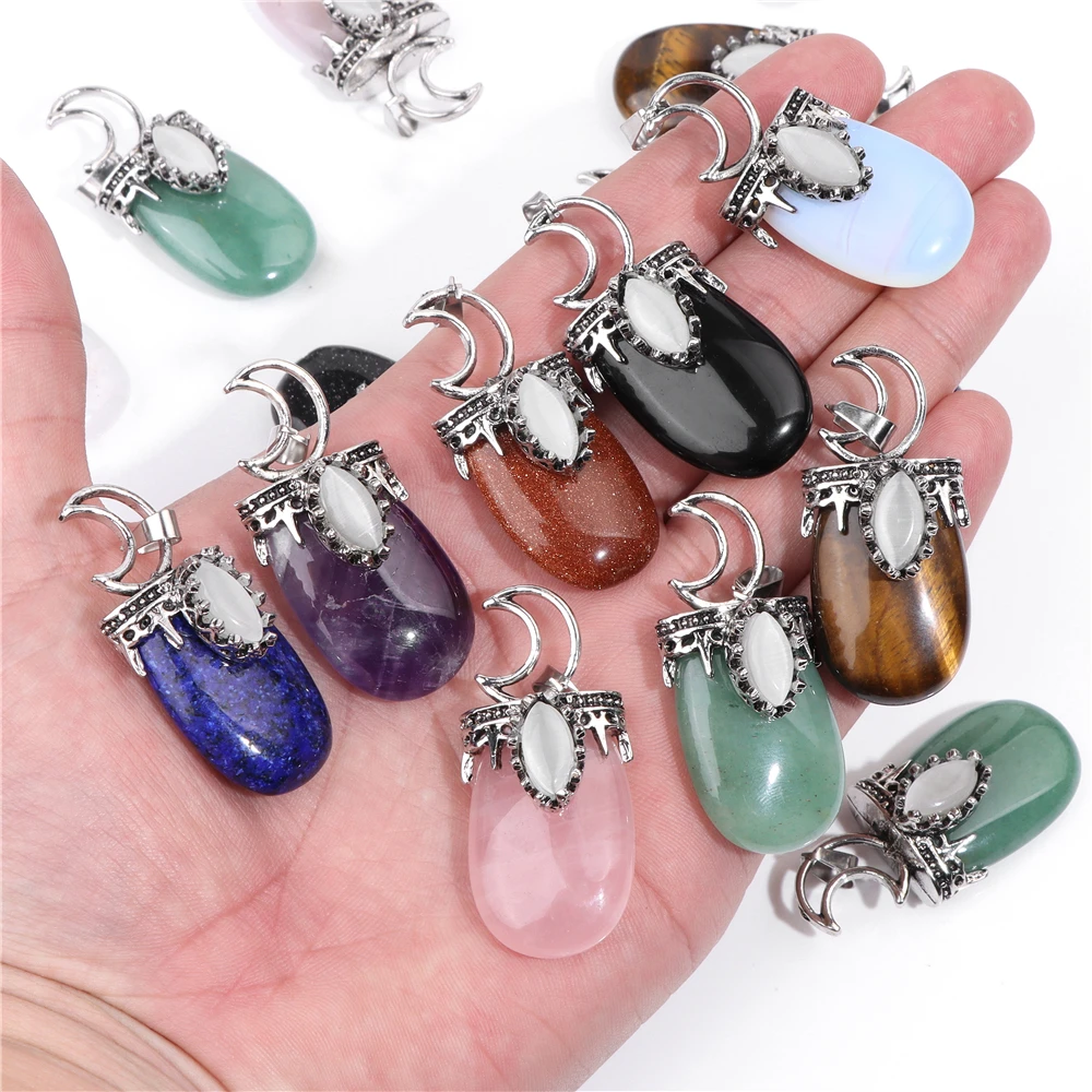 1pc Moon, tribal style pendant, natural stone,Tiger Eye,Jades,Crystal Stone Fashion Pendant Charm For Jewelry Making 26*52MM