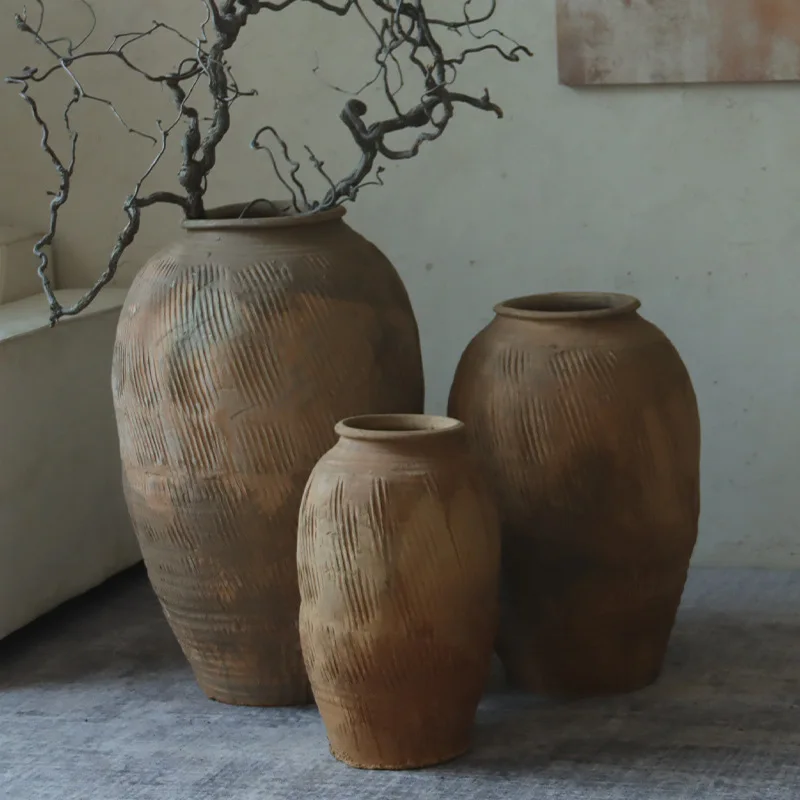 

Точечный керамический горшок земного цвета от пола до потолка, очень большая ваза, большой круглый живот, стиль ваби-саби, украшение в стиле ретро для гостиной