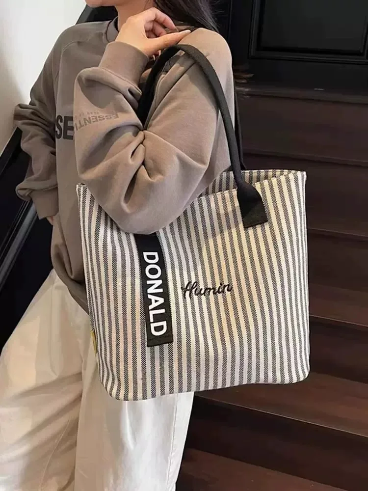 Casual Striped Tote Bag Large Capacity Multifunctional Shoulder Bag Canvas Commuting Bag Women